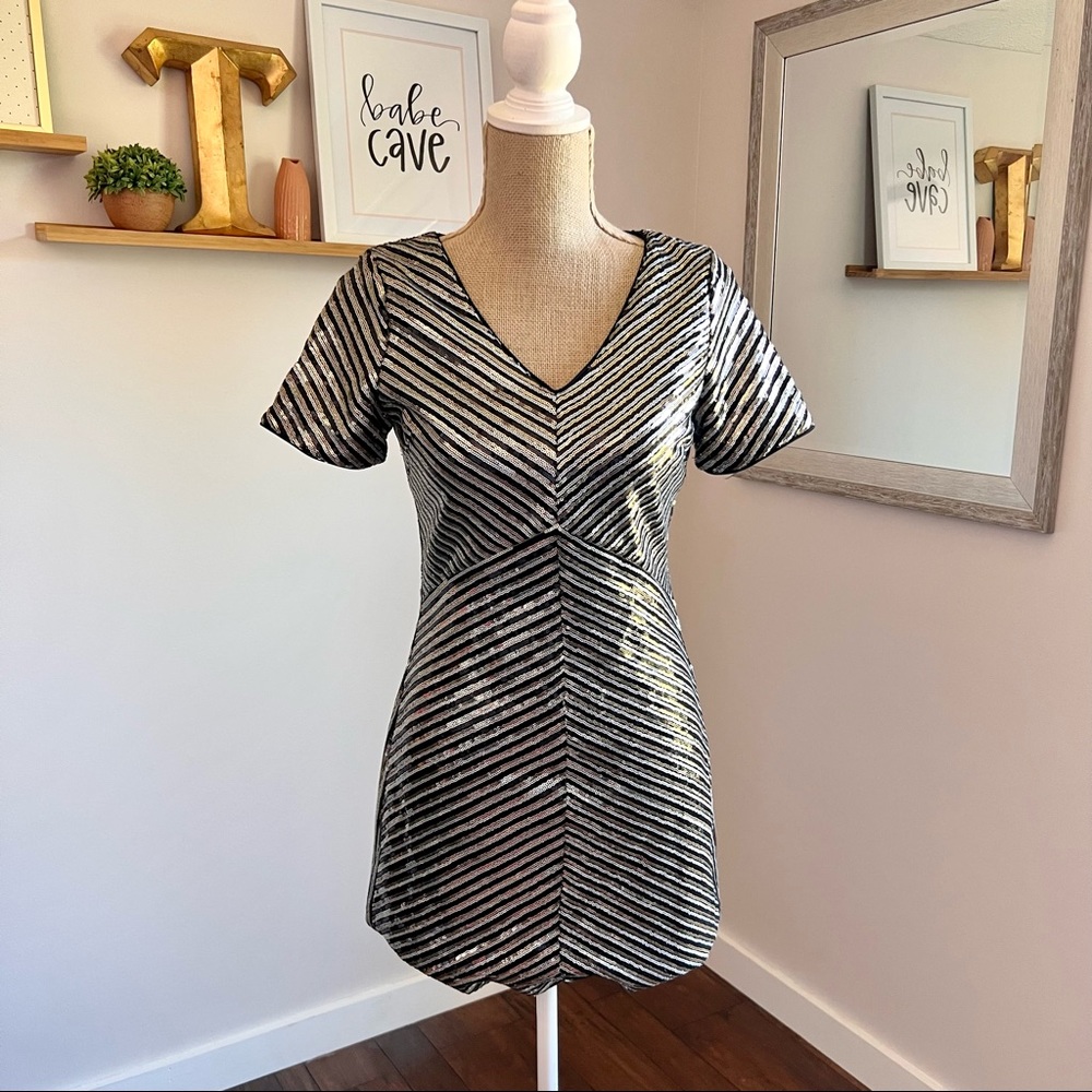Lulu’s Black Gold Silver Striped Sequin Mini Dress - Picture 12 of 16